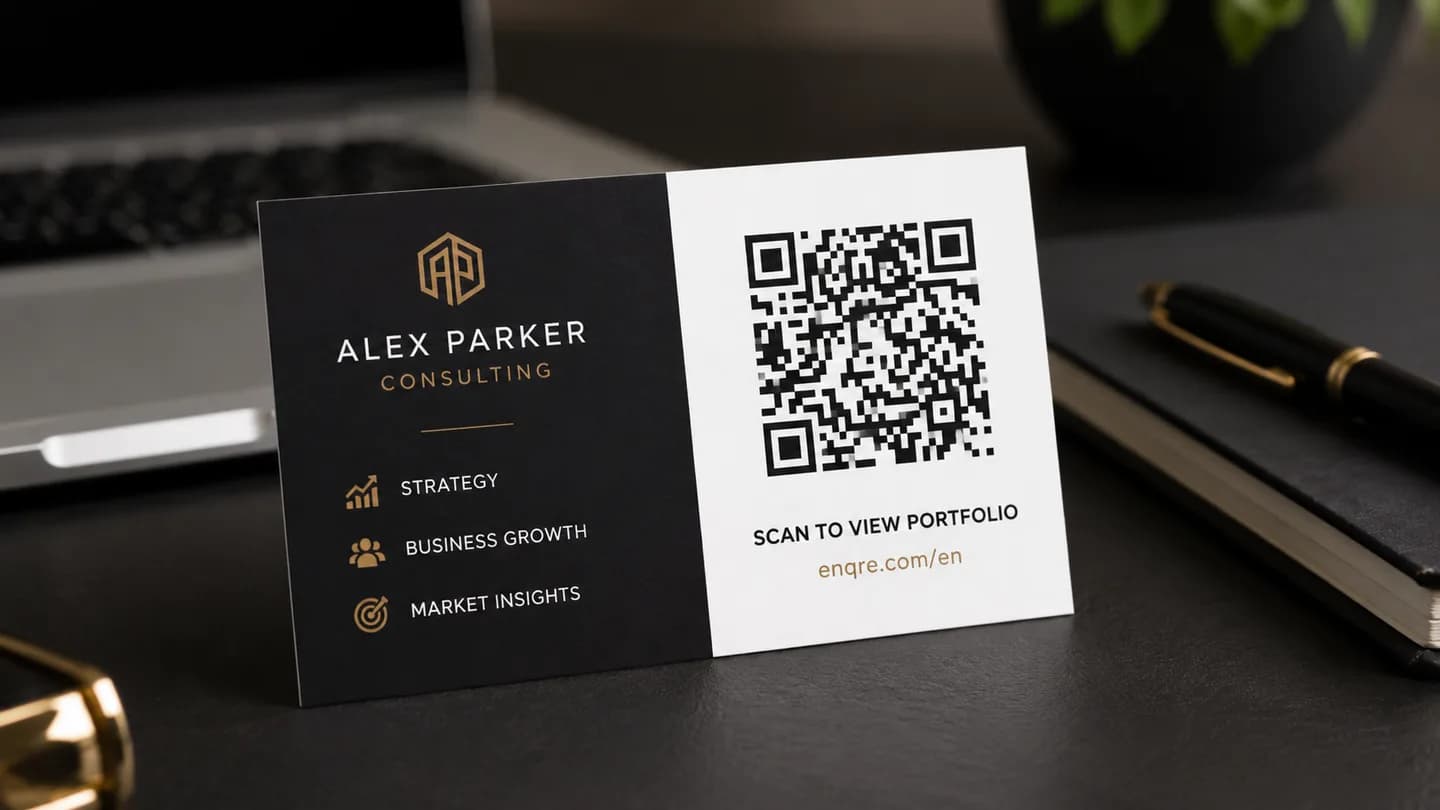 Business card with a QR code on a desk