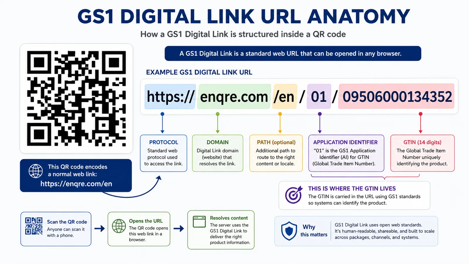 Anatomy of a GS1 Digital Link URL encoded in a QR code: protocol, domain, path, GS1 application identifier and GTIN